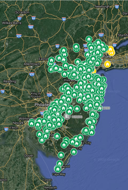 Map of where GenRenew installed solar for thousands of customers in NJ